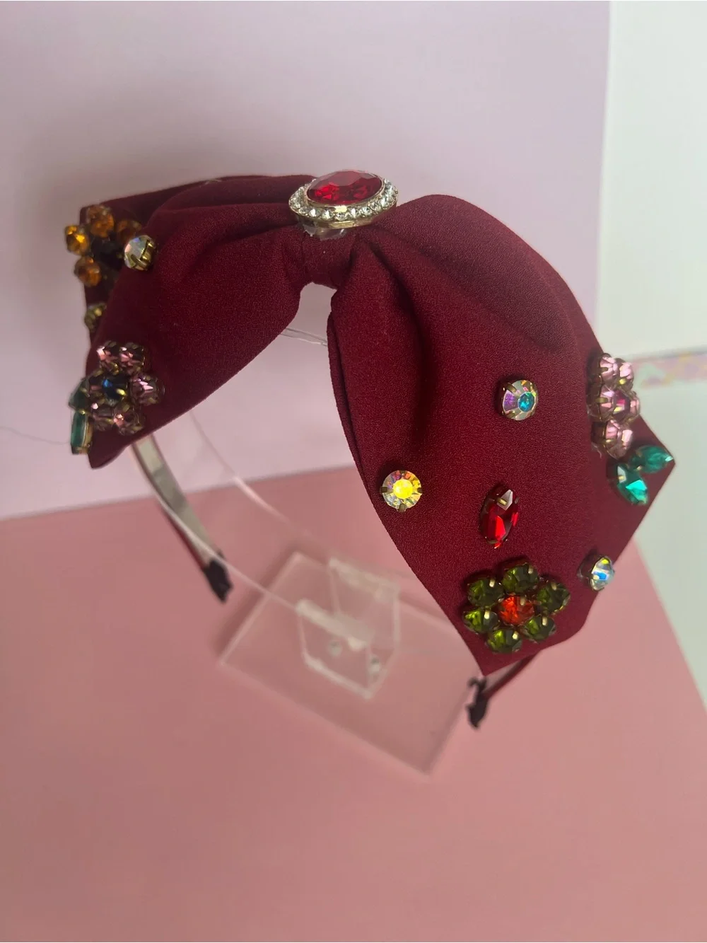 Embellished Burgundy Bow Headband - Women Accessories